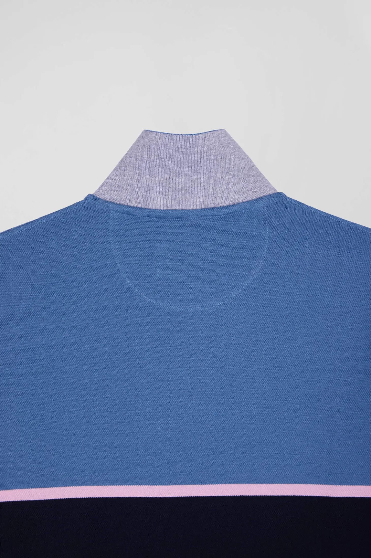 Regular blue bicolor long-sleeved cotton piqué polo shirt