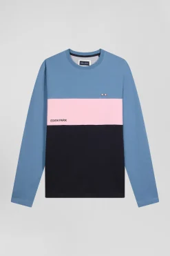 Regular blue colorblock long-sleeved cotton T-shirt