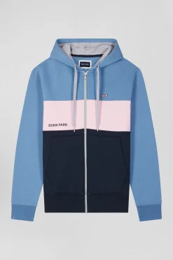 Regular blue colorblock zipped cotton hoodie