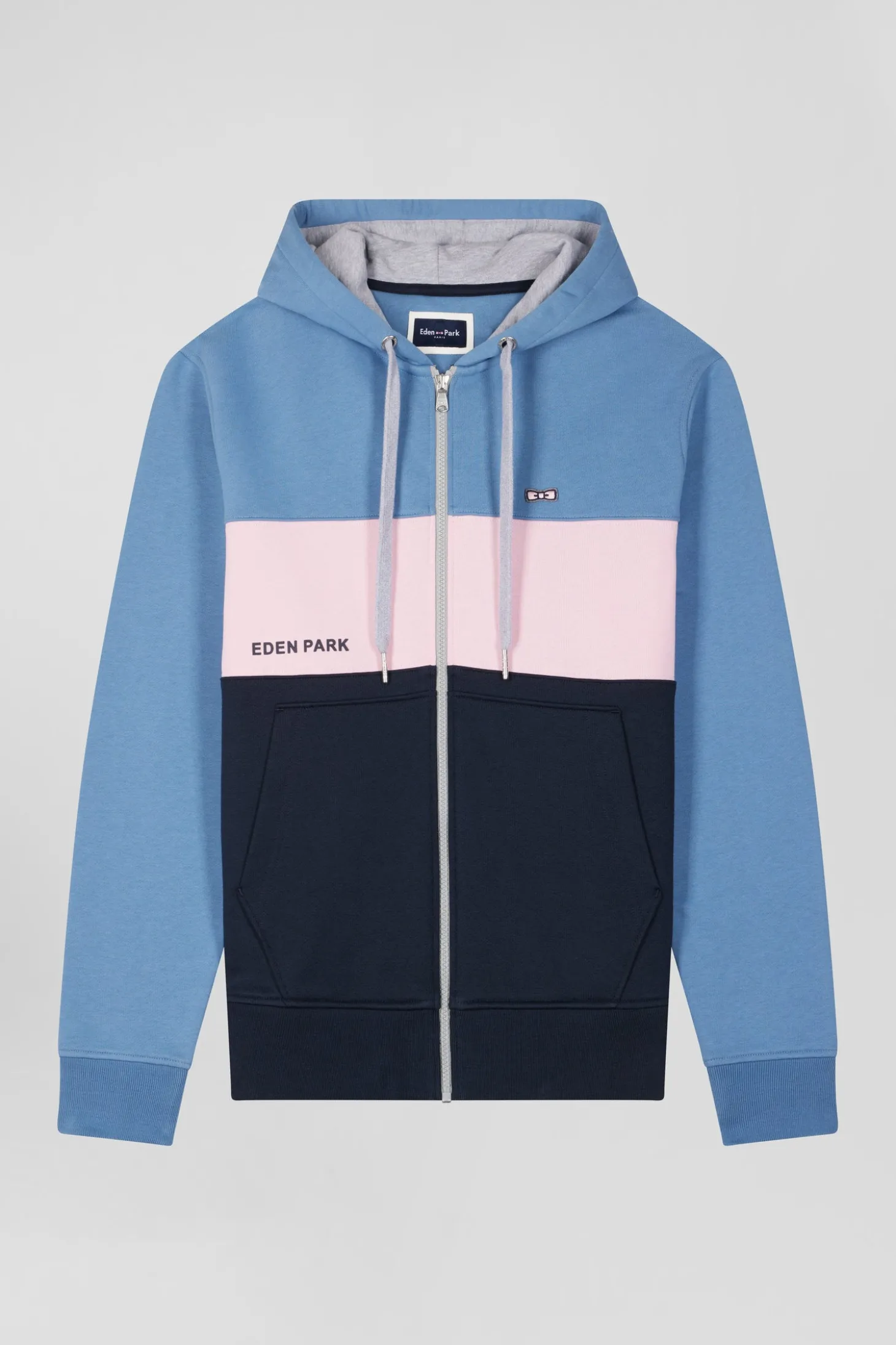 Regular blue colorblock zipped cotton hoodie