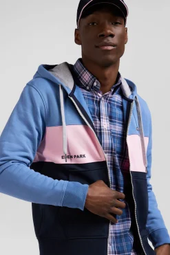 Regular blue colorblock zipped cotton hoodie