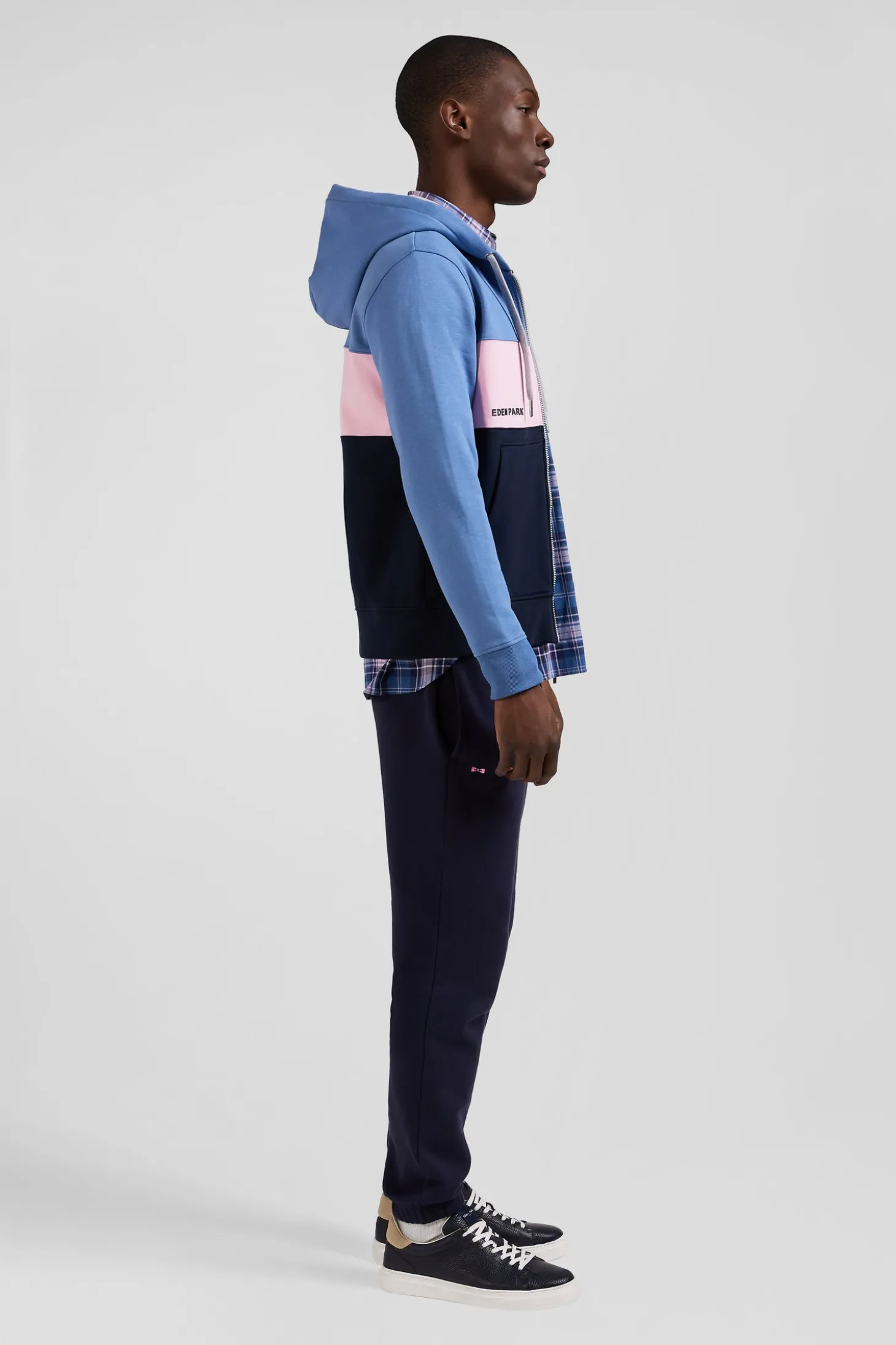 Regular blue colorblock zipped cotton hoodie