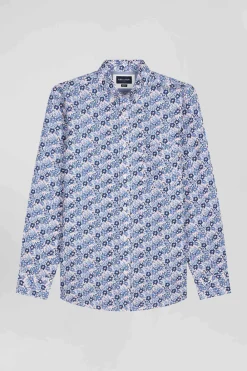 Regular blue cotton poplin shirt with floral print