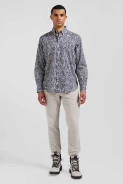 Regular blue floral print cotton poplin shirt