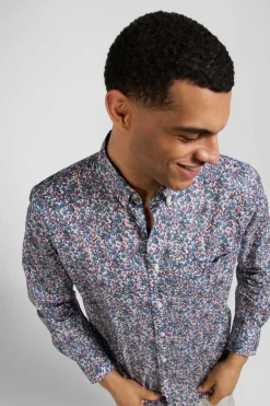 Regular blue floral print cotton poplin shirt