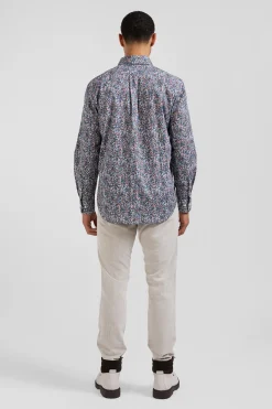 Regular blue floral print cotton poplin shirt