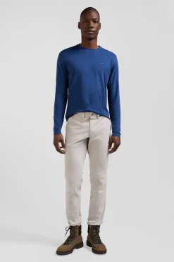 Regular blue long-sleeved cotton T-shirt