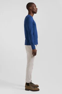 Regular blue long-sleeved cotton T-shirt