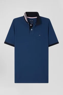 Regular blue short-sleeved cotton piqué polo shirt with contrasting details