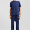 Regular blue short-sleeved cotton T-shirt with emblem embroidery
