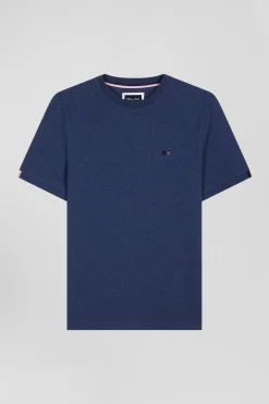 Regular blue short-sleeved cotton T-shirt with emblem embroidery
