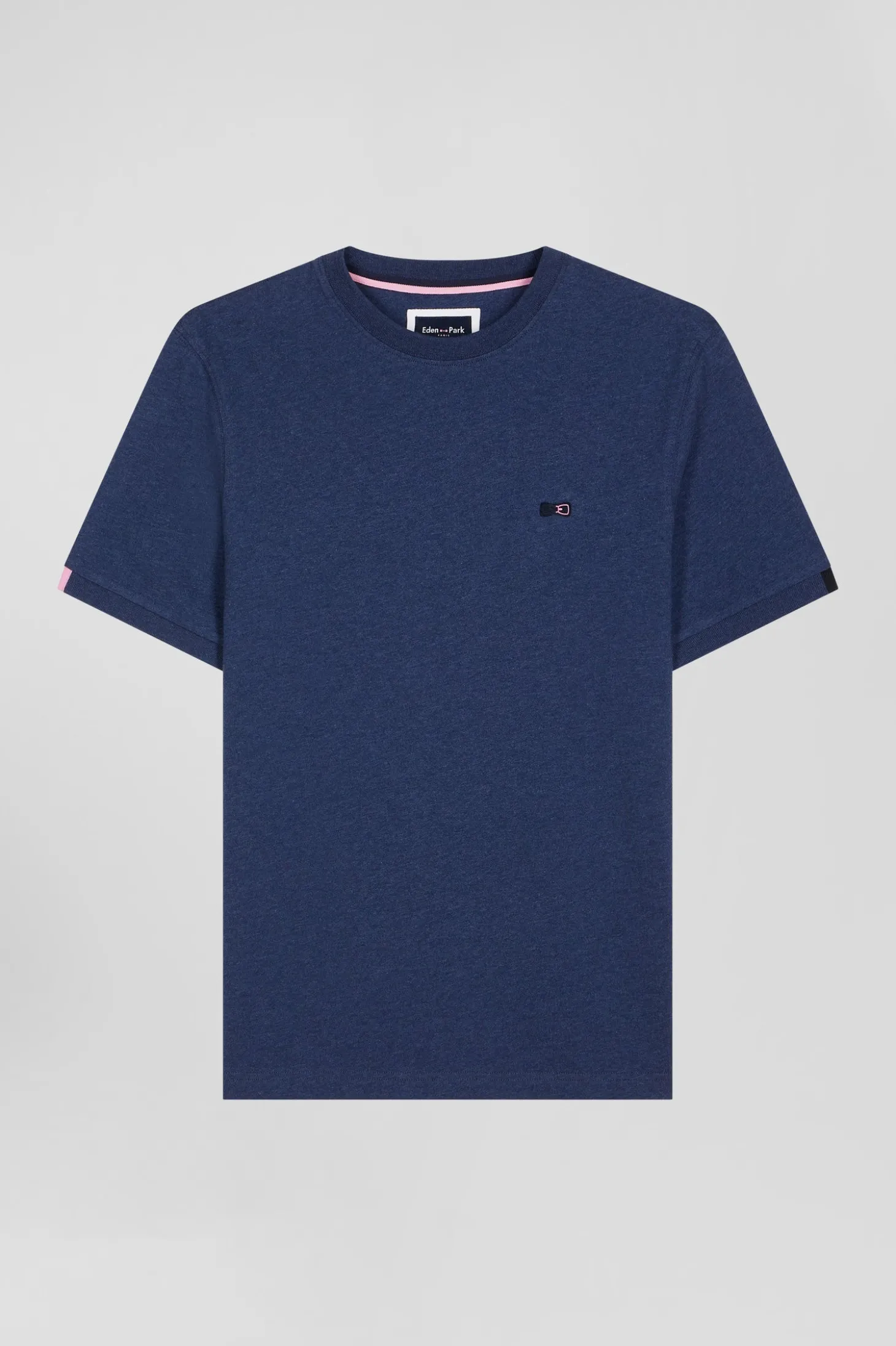 Regular blue short-sleeved cotton T-shirt with emblem embroidery