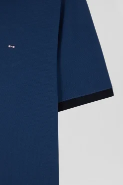 Regular blue short-sleeved cotton piqué polo shirt with contrasting details
