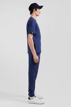 Regular blue short-sleeved cotton T-shirt with emblem embroidery