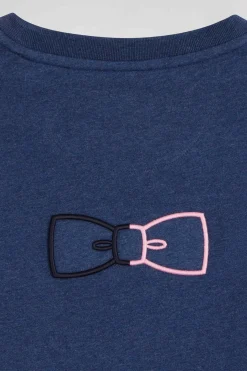 Regular blue short-sleeved cotton T-shirt with emblem embroidery