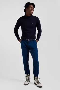 Regular blue stretch cotton piqué and modal chino trousers