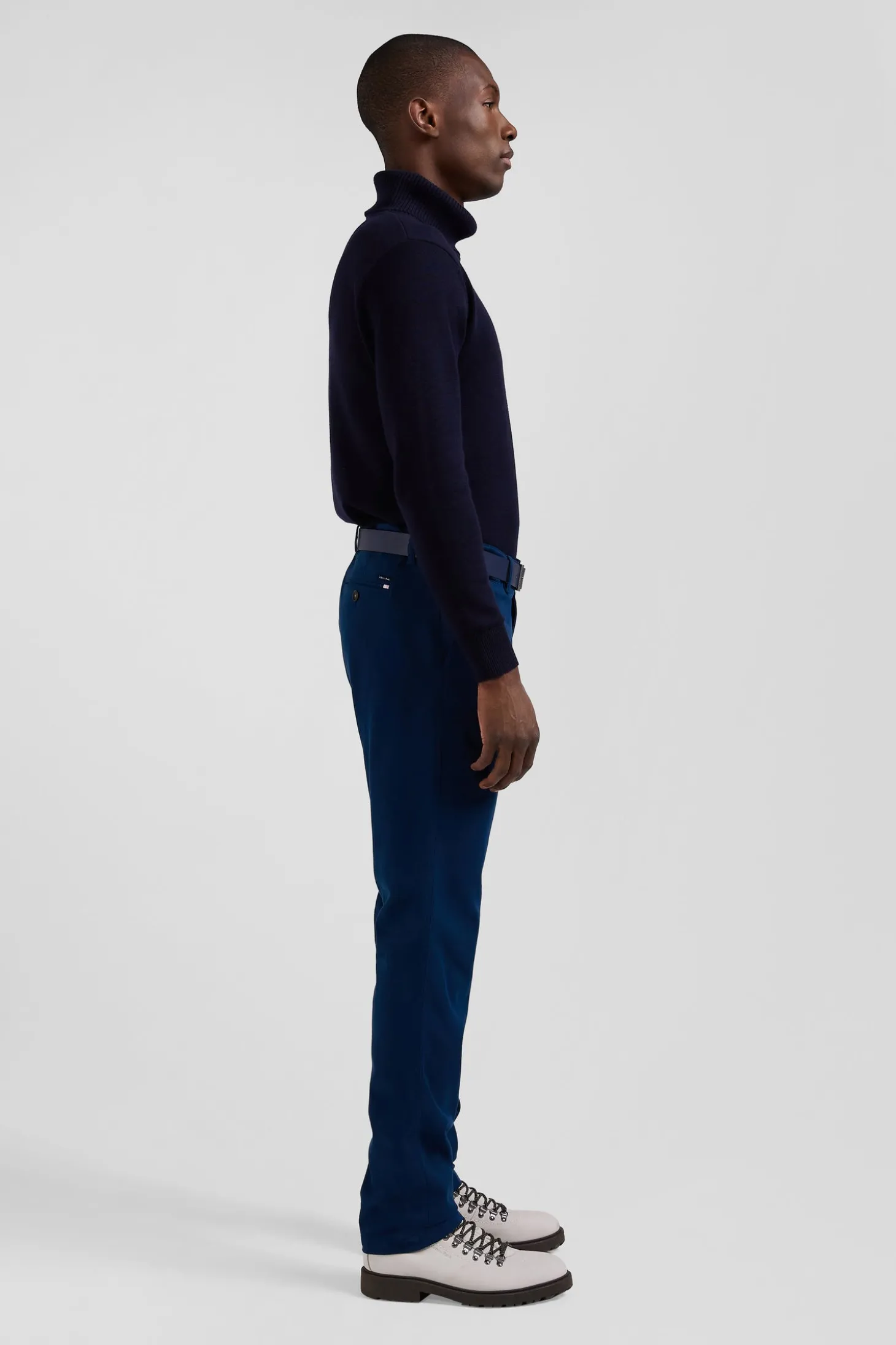 Regular blue stretch cotton piqué and modal chino trousers
