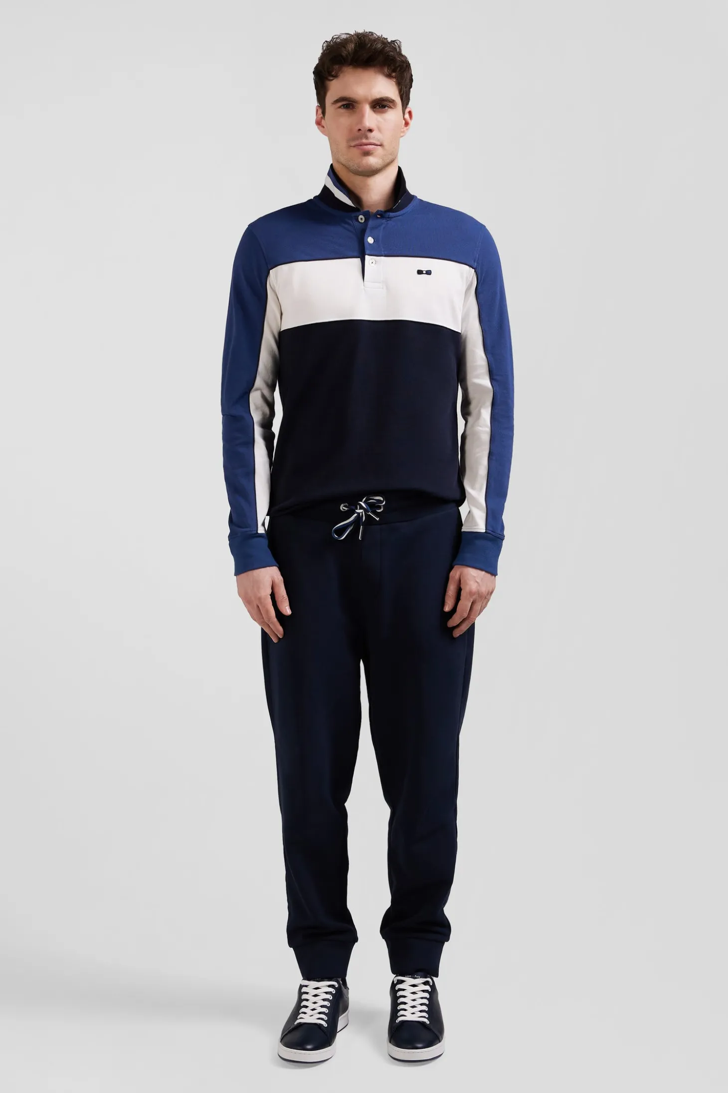 Regular blue tricolor long-sleeved cotton piqué polo shirt