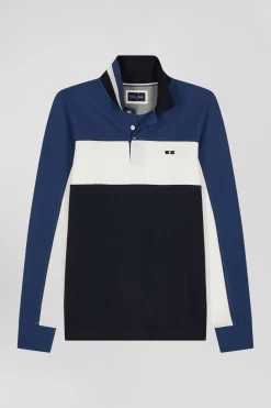 Regular blue tricolor long-sleeved cotton piqué polo shirt