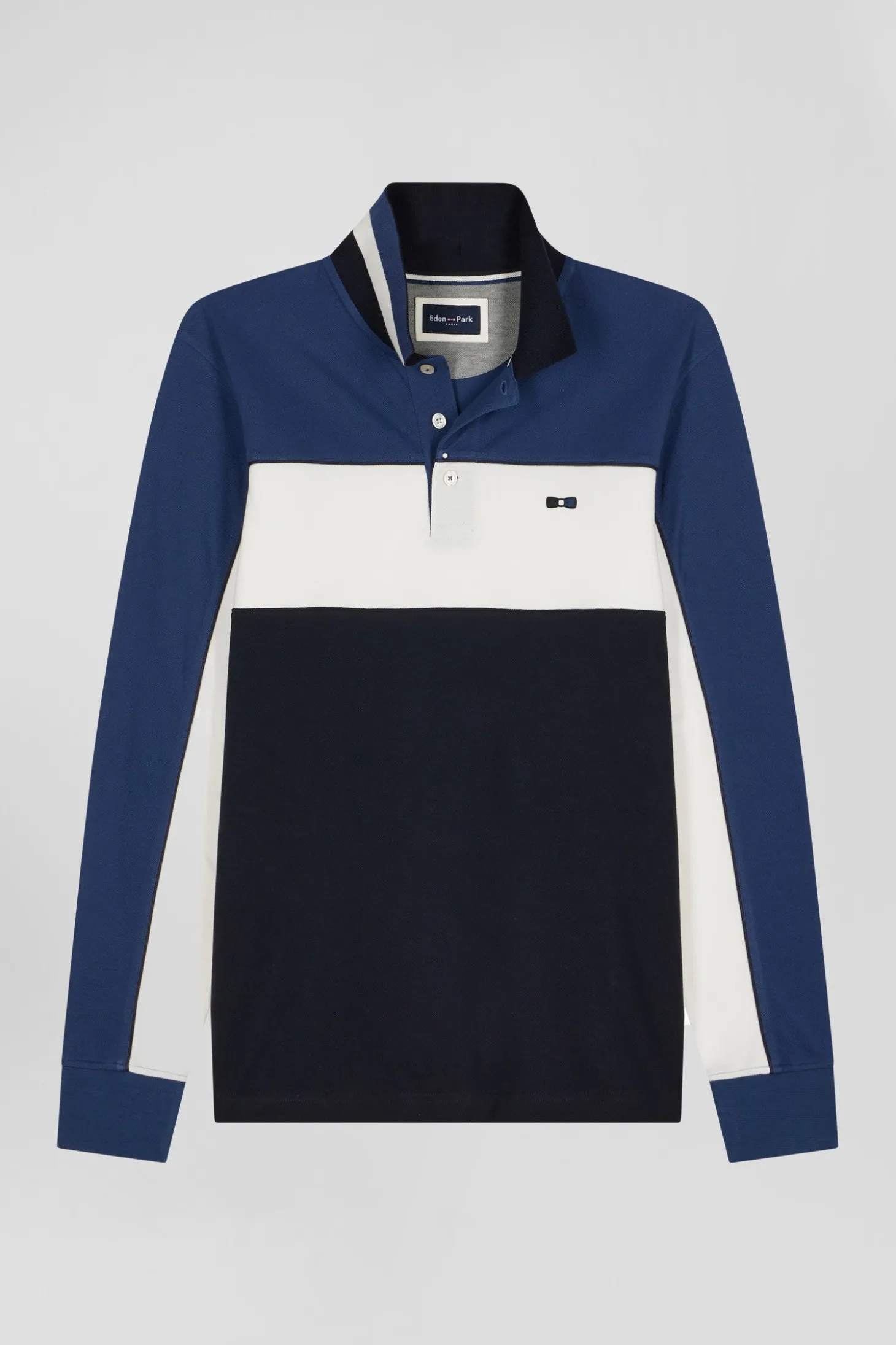 Regular blue tricolor long-sleeved cotton piqué polo shirt