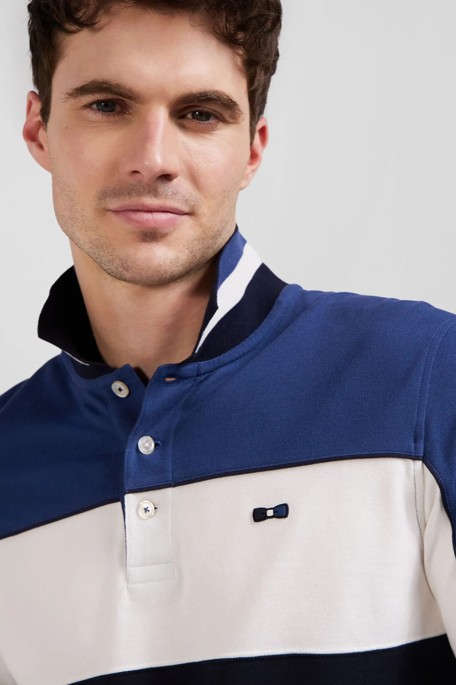 Regular blue tricolor long-sleeved cotton piqué polo shirt