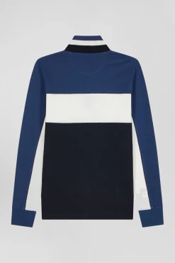 Regular blue tricolor long-sleeved cotton piqué polo shirt