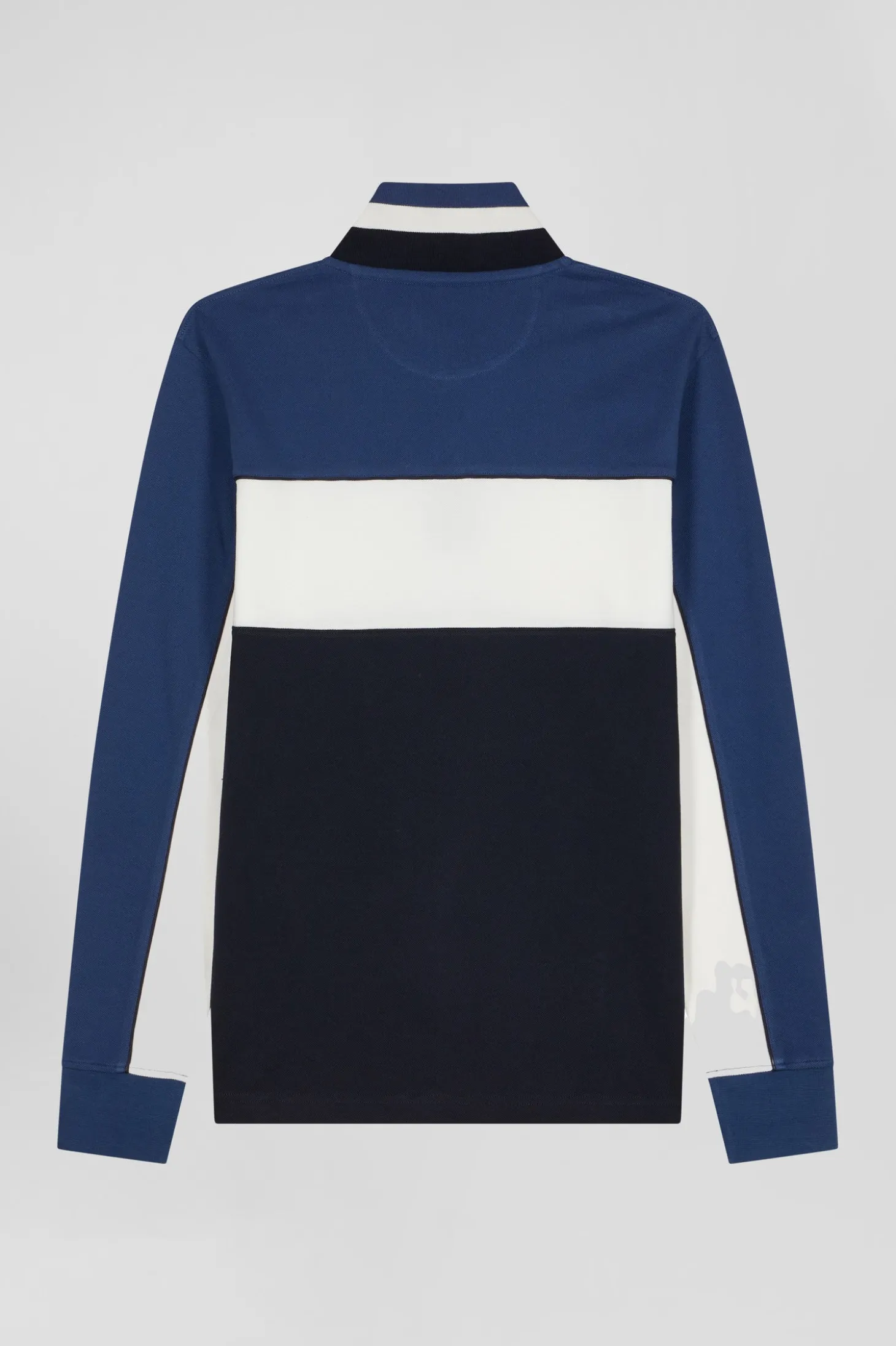 Regular blue tricolor long-sleeved cotton piqué polo shirt