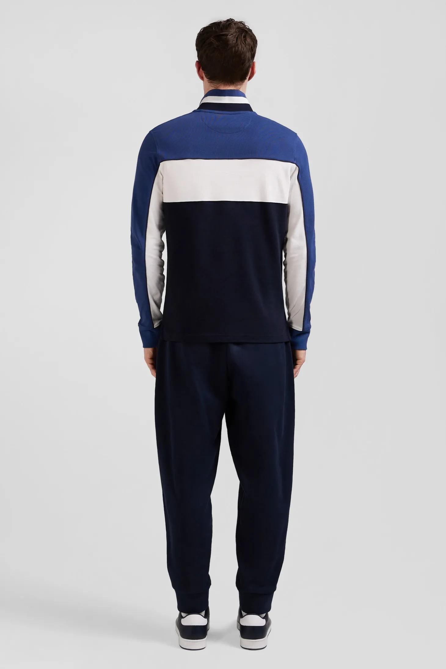 Regular blue tricolor long-sleeved cotton piqué polo shirt