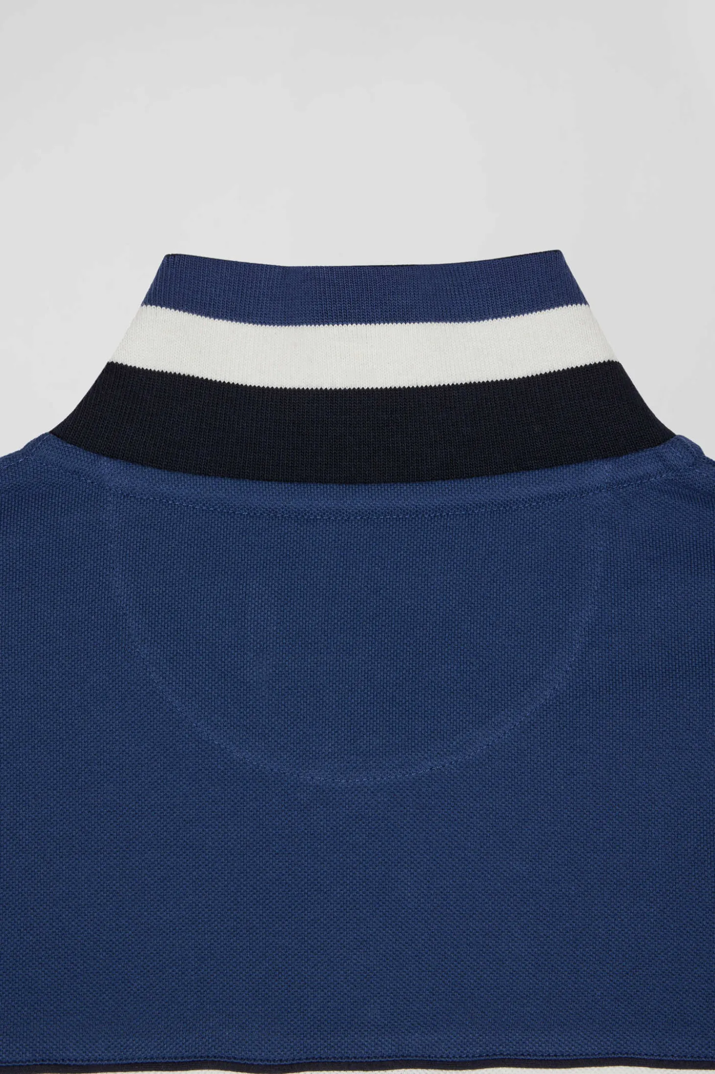 Regular blue tricolor long-sleeved cotton piqué polo shirt