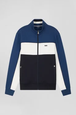 Regular blue tricolor zipped cotton blend sweatshirt
