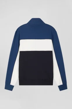 Regular blue tricolor zipped cotton blend sweatshirt