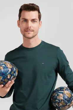 Regular blue-green long-sleeved Pima cotton T-shirt