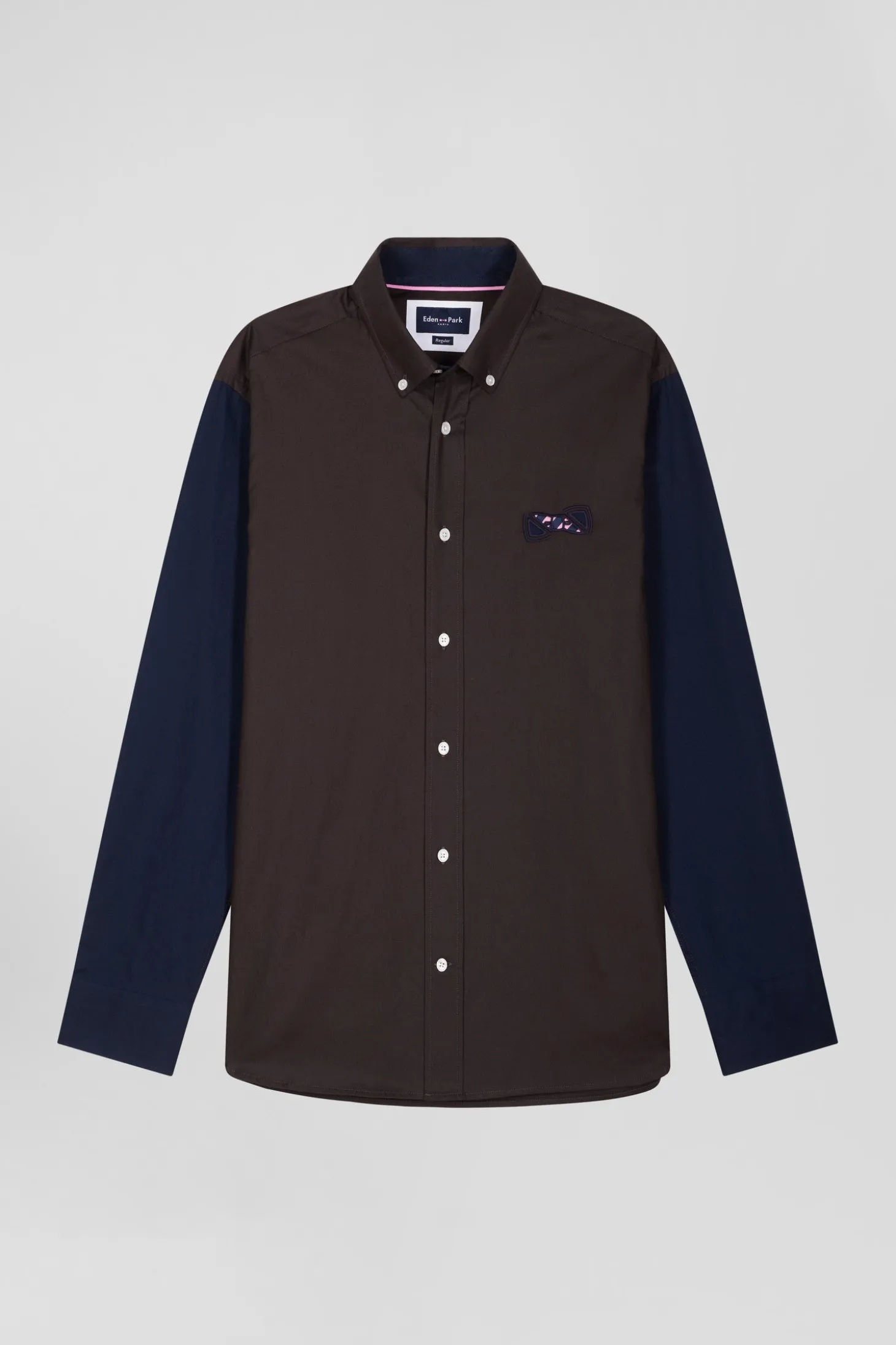 Regular brown and navy oxford cotton shirt N°10 embroidery
