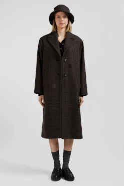 Regular brown checkered wool blend coat