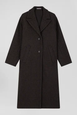 Regular brown checkered wool blend coat