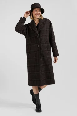 Regular brown checkered wool blend coat