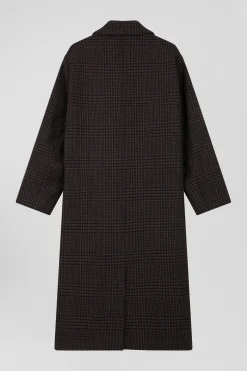Regular brown checkered wool blend coat