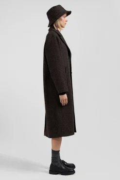 Regular brown checkered wool blend coat