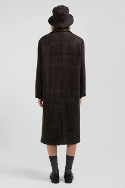 Regular brown checkered wool blend coat