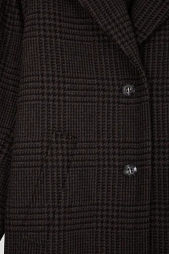 Regular brown checkered wool blend coat