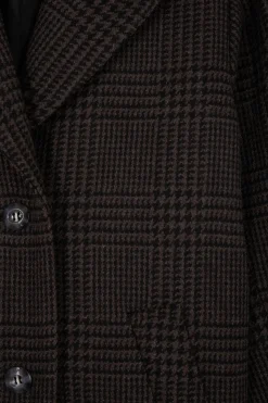 Regular brown checkered wool blend coat