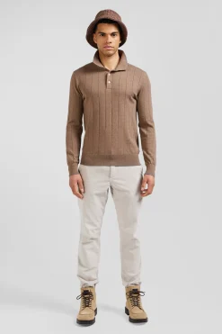 Regular brown cotton and cashmere jumper with rugby shirt collar