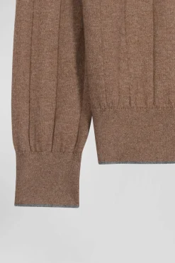 Regular brown cotton and cashmere jumper with rugby shirt collar