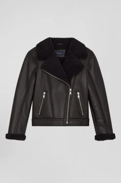 Regular brown leather zip-up jacket