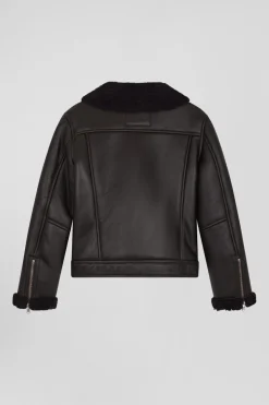 Regular brown leather zip-up jacket