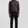 Regular brown long-sleeved cotton piqué polo shirt with tricolor details