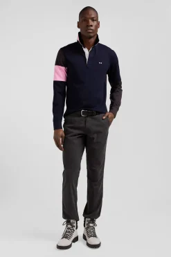 Regular brown long-sleeved cotton rugby shirt with tie fabric patchwork