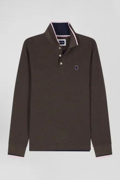 Regular brown long-sleeved cotton piqué polo shirt with tricolor details