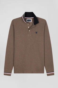 Regular brown long-sleeved cotton piqué polo shirt with rubber badge