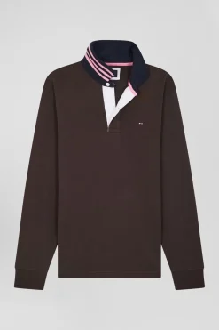 Regular brown long-sleeved Pima cotton rugby shirt